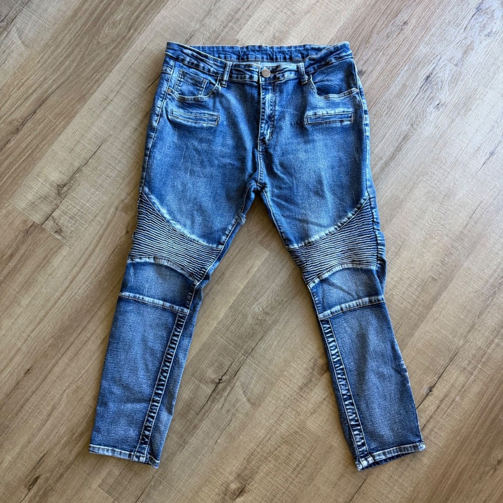 Mens Blue Biker Moto Jeans Ribbed Knee Panels Slim Fit Medium Wash Size 38